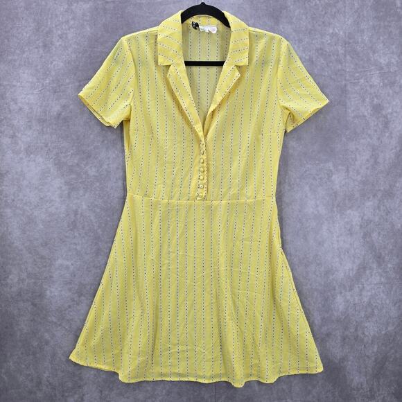 H&M Yellow Blue Polka Dots Fit Flare Short Sleeve Retro Mini Dress Small - Picture 1 of 7